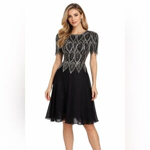 Laurence Kazar Black Silver Beaded Sequin Silk Knee Length Dress Short Sleeve PL